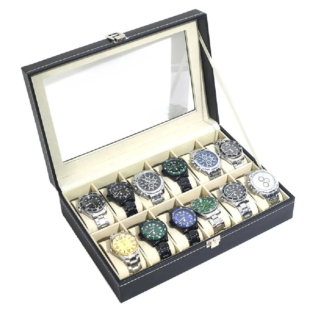 boîte montres simili cuir noire verrouillable classique 10 12 compartiments coussinets