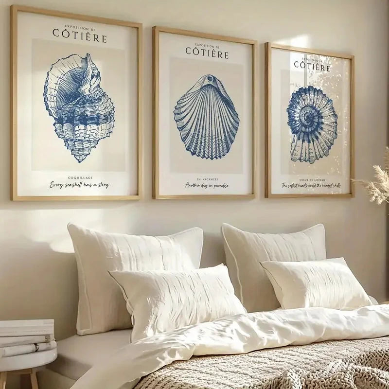 affiches graphiques coquillages minimaliste salon chambre décoration murale océan bleu marine texte cotiere