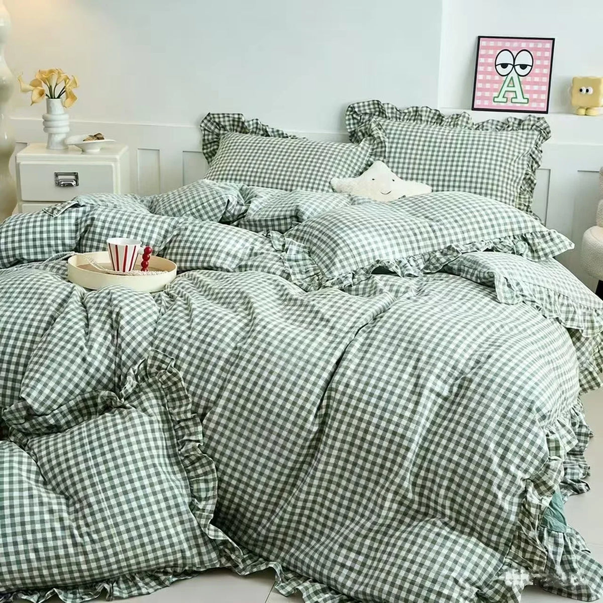 ensemble literie carreaux vert clair blanc frangés couvre lit taies oreiller