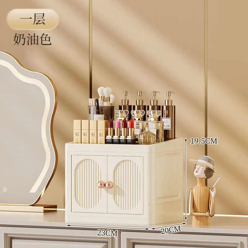 boîte rangement cosmétiques porte opaque moderne poignées dorées compartiments multiples élégante organisation produits soins