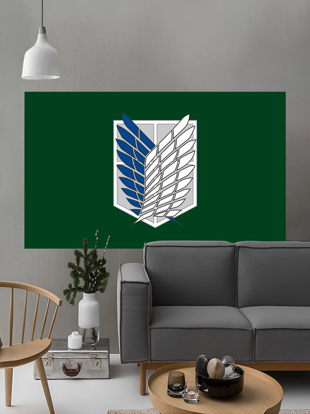 drapeau attack on titan 120x180cm 150x240cm 60x90cm 90x150cm polyester emblème ailes vert foncé decoration