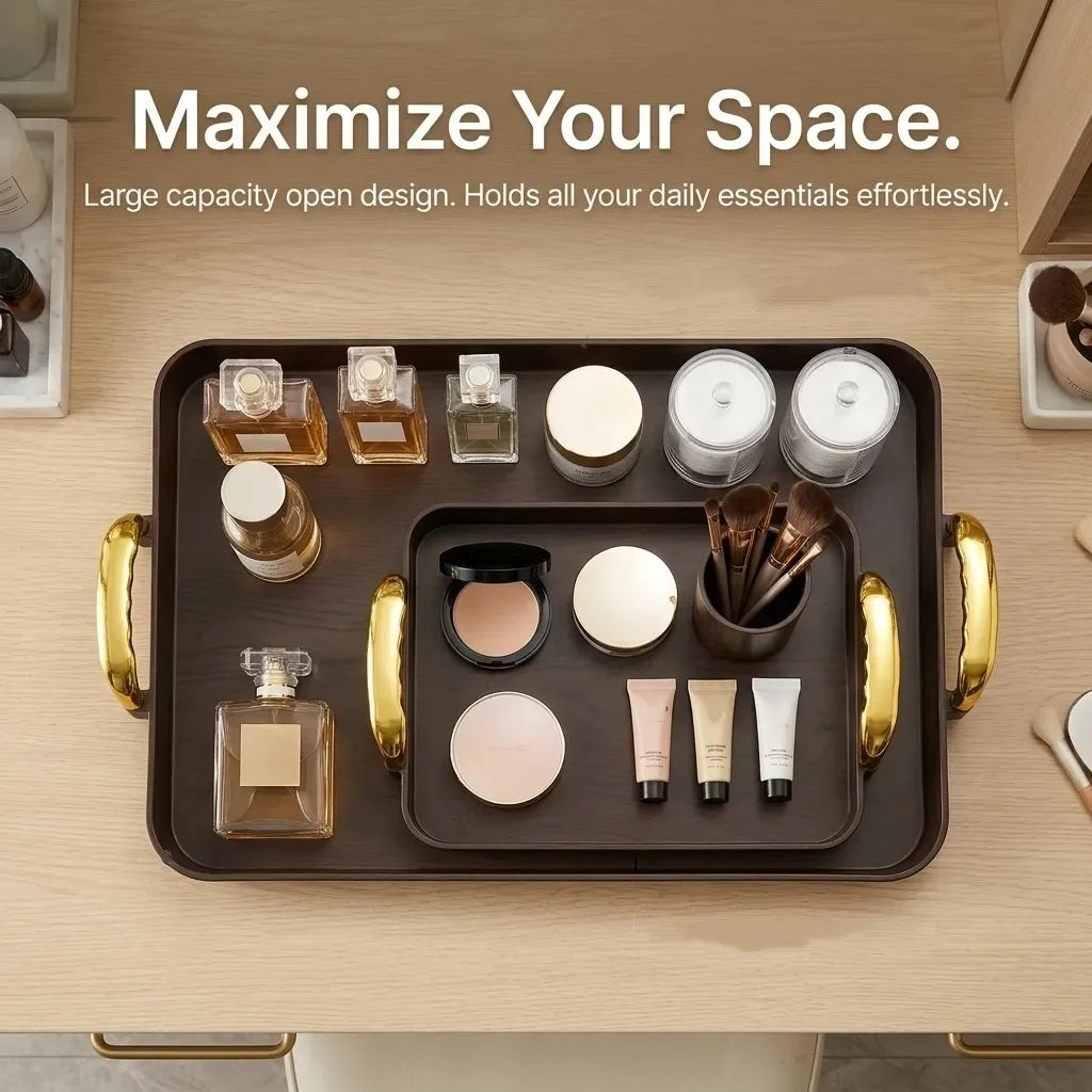 plateau rangement marron bois naturel poignées dorées boîte bijoux pots cosmétiques bouteilles lotions savon