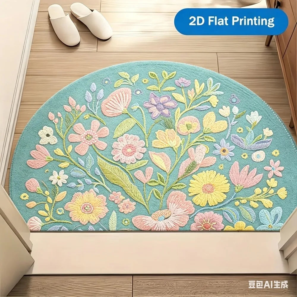 tapis demi cercle fleurs colorées moderne polyester antidérapant intérieur extérieur 40x60cm 50x80cm 60x90cm