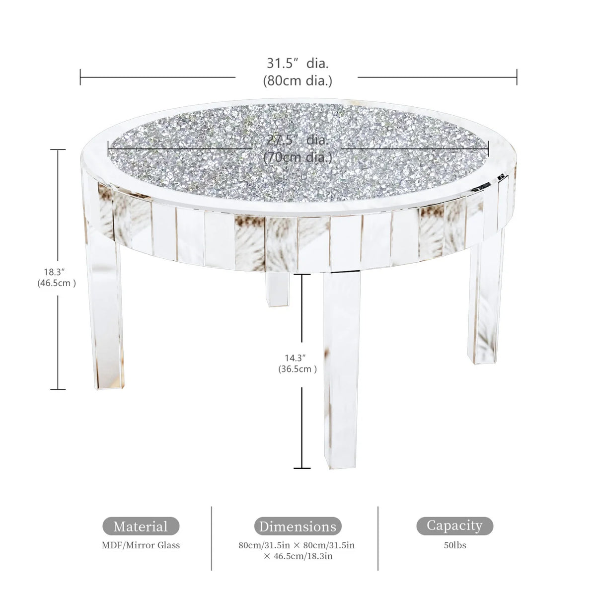 table basse ronde moderne transparente motifs cristal argentée chic salon chambre