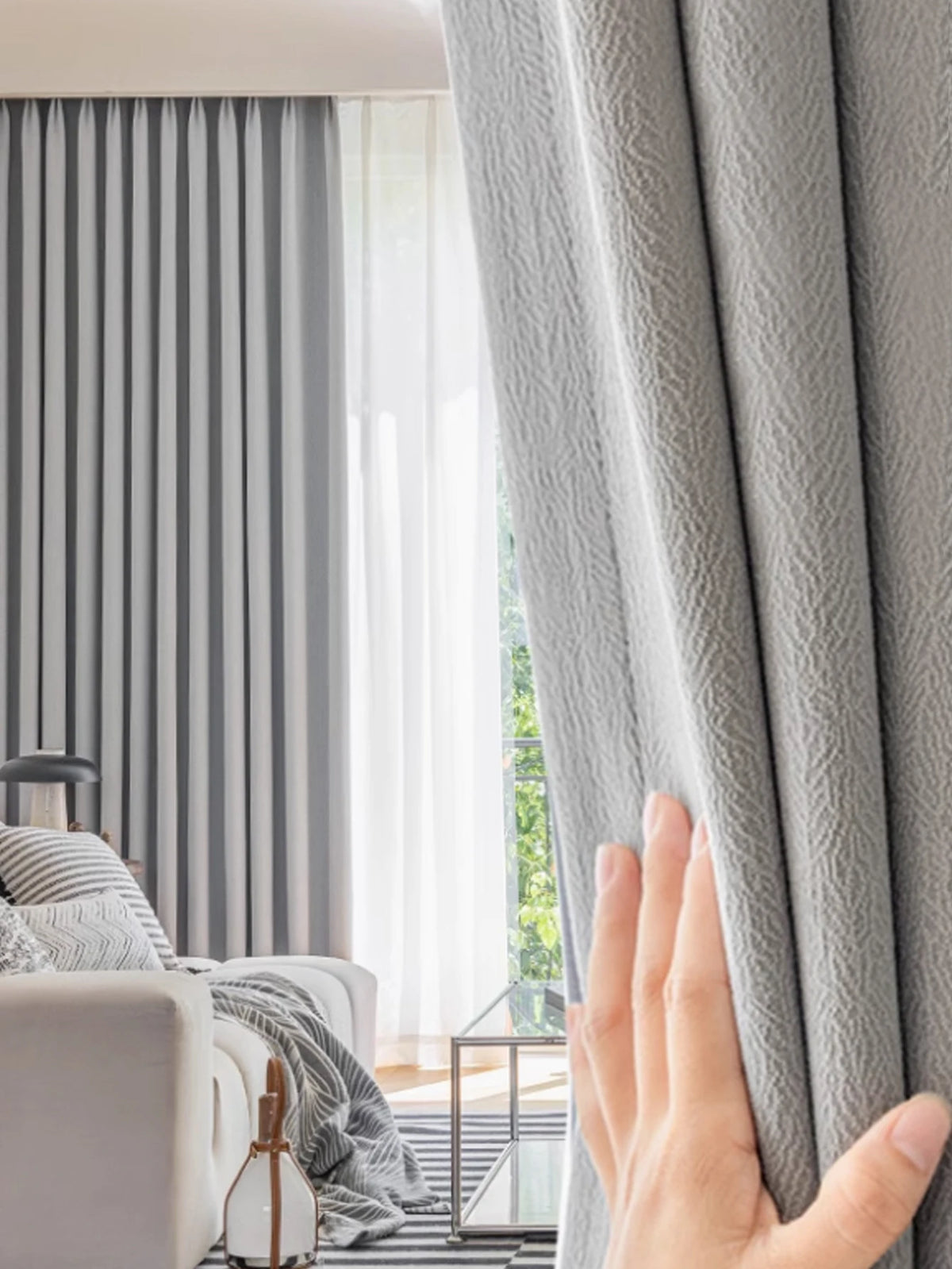 rideau gris moderne opacité tissu polyester texture douce extérieure fenêtre plate blackout occlusions chambre