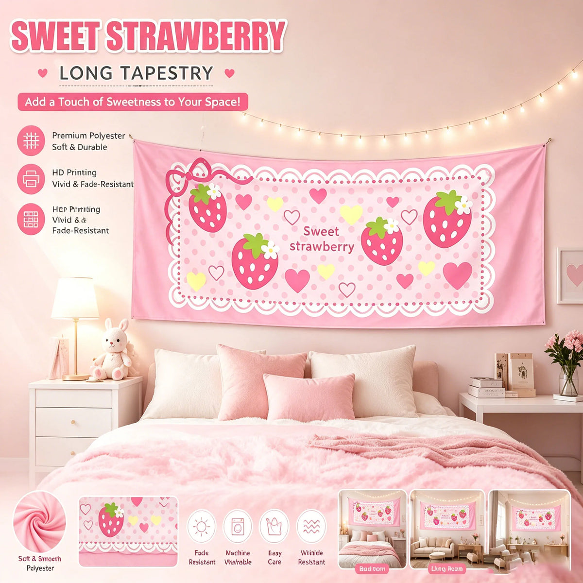 tapisserie murale kawaii fraises coeurs pois rose jaune verte blanche decoration chambre enfantin tapestry