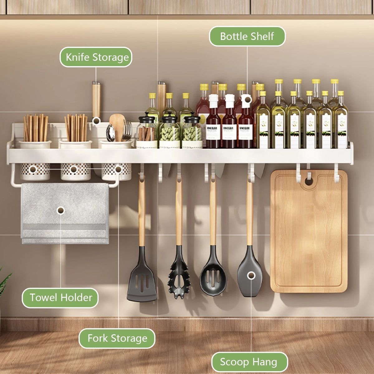 étagère rangement cuisine multifonctionnelle gris blanc moderne adhésif porte couteaux fourchettes soupes bouteilles verres