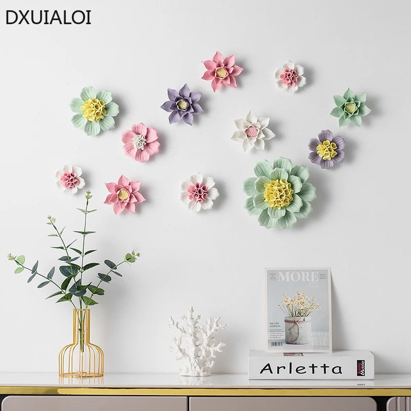 décoration murale fleur céramique moderne vert rose blanc violet feuilles adhésif salon chambre