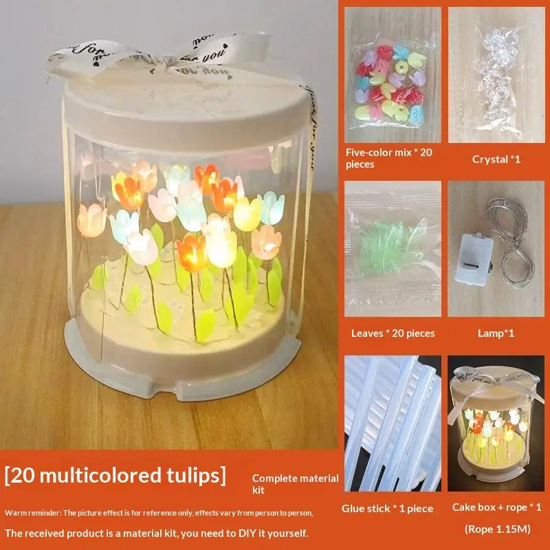 boîte gâteau lumineuse transparente tulipes colorées moderne décoration chambre veilleuse artisanale feuilles plastique