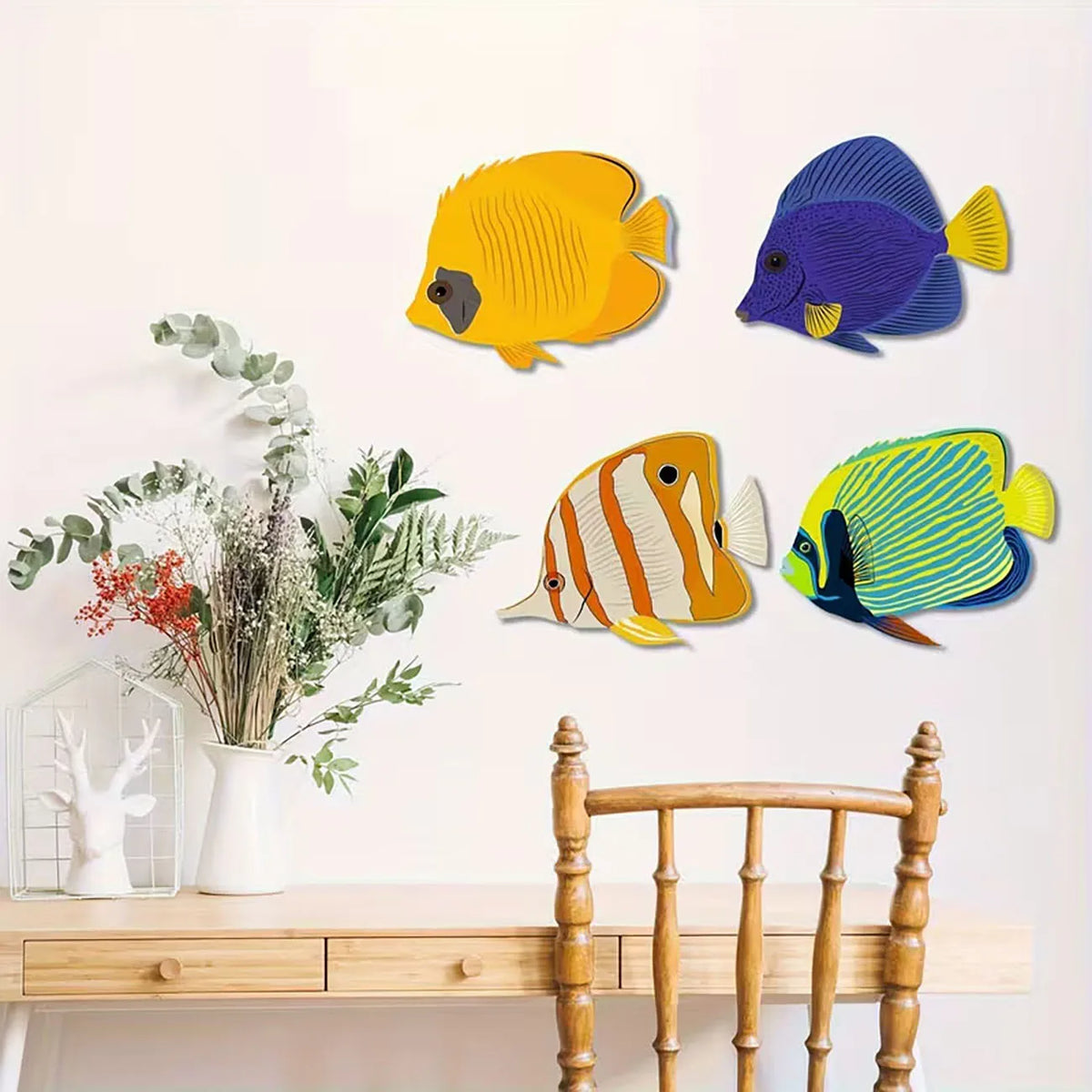 décorations murales poissons bois couleurs violet jaune orange rayures adhésif double face illustration chambre