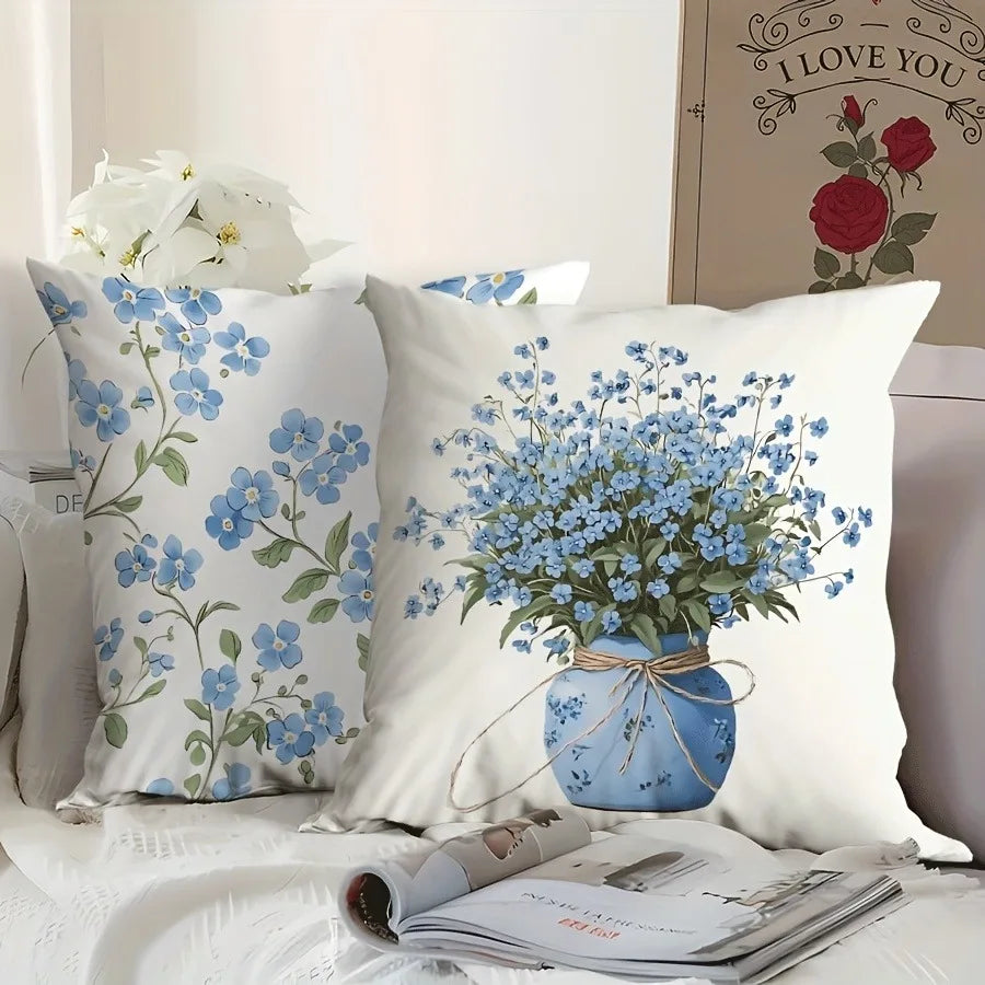housse coussin polyester bleu clair fleurs textes décoratifs chambre salon voiture 40x40 45x45 50x50