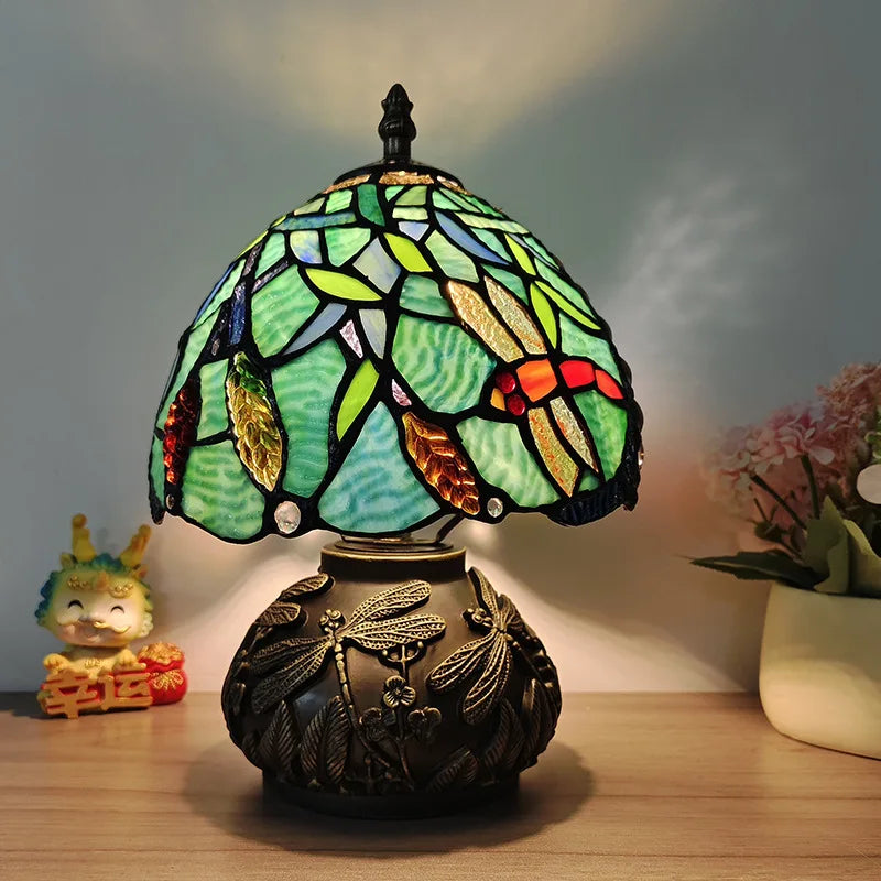lampe table tiffany verre coloré motifs floraux interrupteur bouton classique multicolore