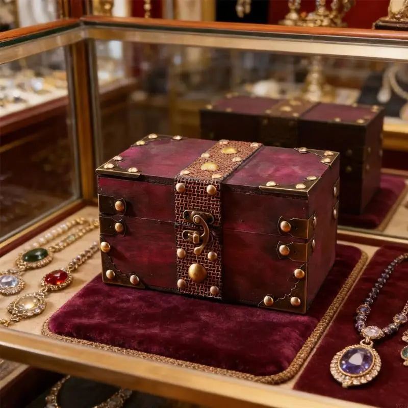 coffret bijoux bois marron bordeaux cuir ornements dorés vintage rétro collier croix