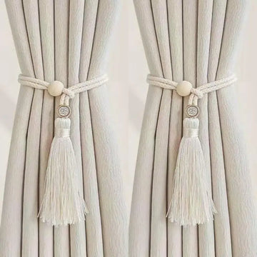 rideau moderne rustique coton anneaux bois pompon frange beigeclair