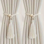rideau moderne rustique coton anneaux bois pompon frange beigeclair