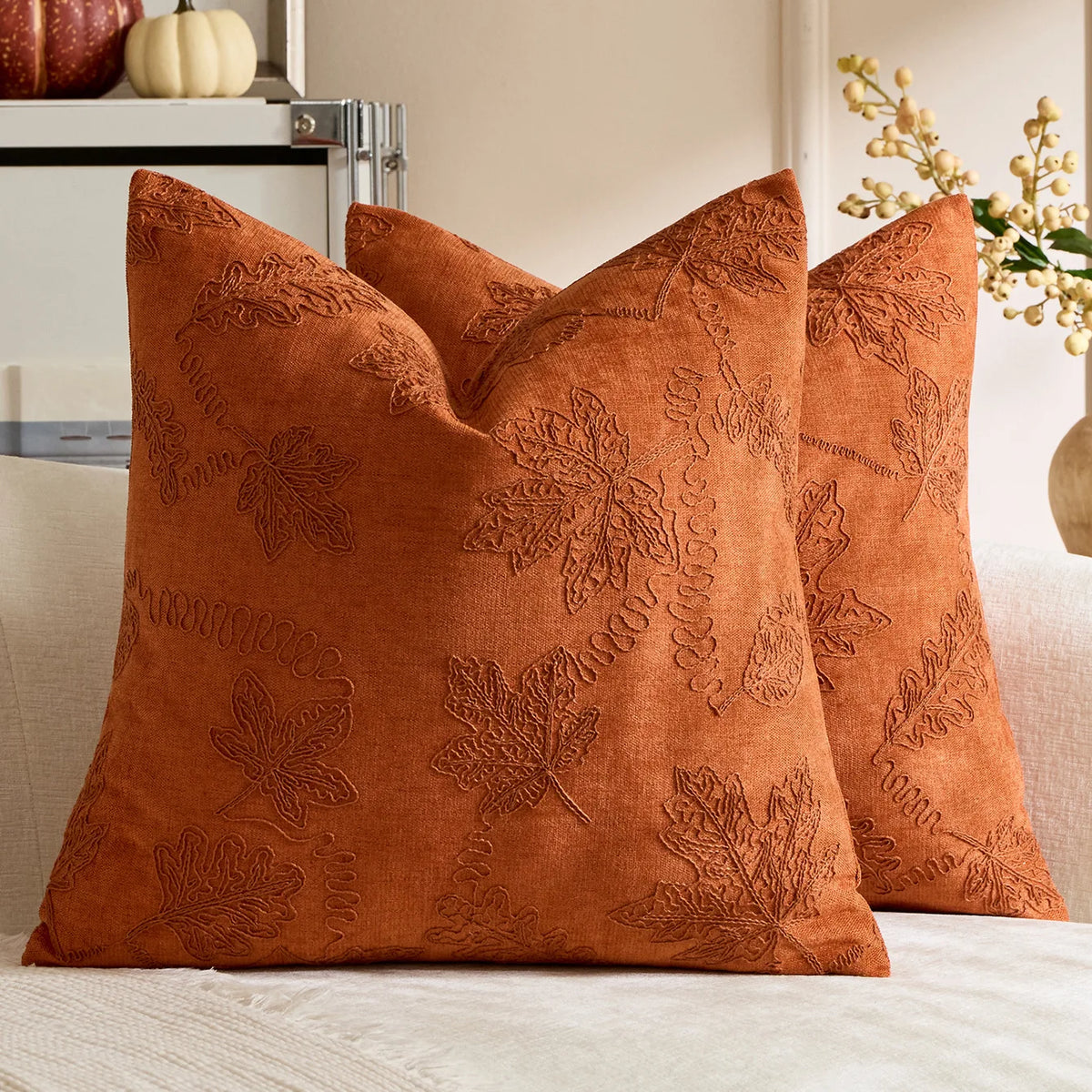 taie d'oreiller jacquard brodé feuille d'érable orange beige maison décoration halloween thanksgiving moderne sans