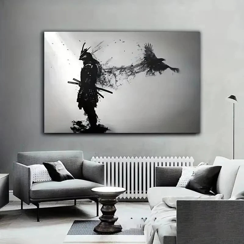 peinture toile samouraï corbeau japonais noir blanc contemporain sans cadre vertical salon decoration