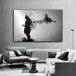peinture toile samouraï corbeau japonais noir blanc contemporain sans cadre vertical salon decoration