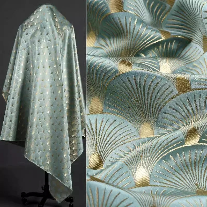 tissu brocart bleu or motifs éventails brillants art déco 150cm large vintage matériaux bricolage