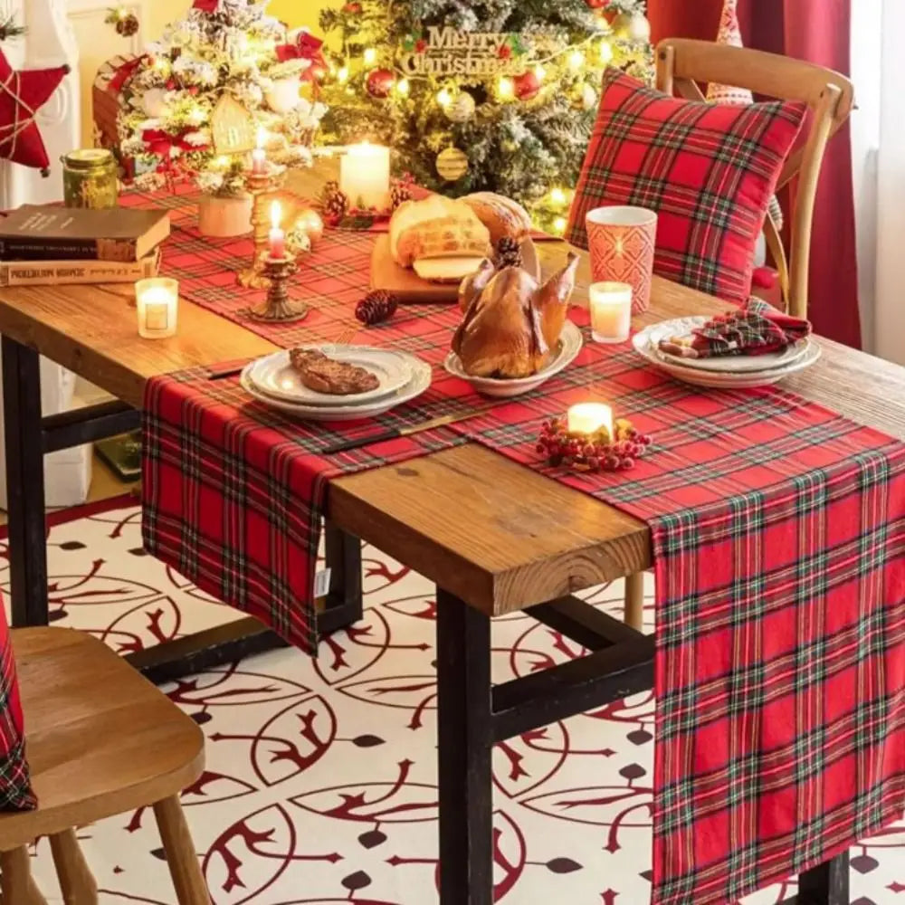 tableau chemin table carreaux écossais rouge noir vert polyester coton classique multiple tailles restaurants