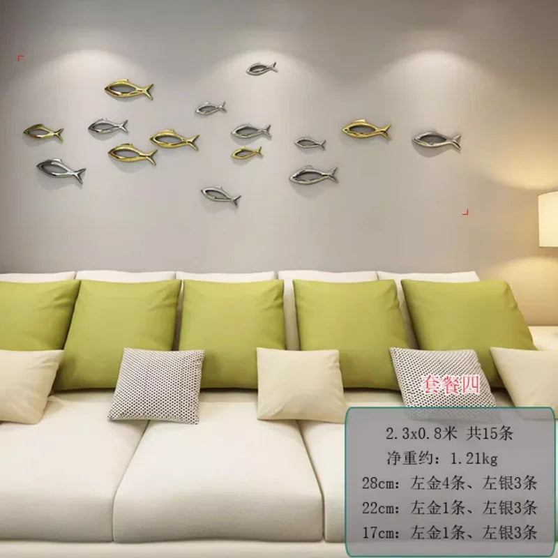 décoration murale poisson 3d moderne plastique adhésif argent bleu or salon