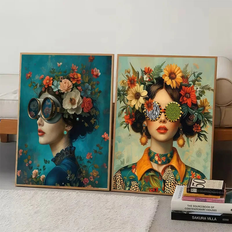 tableau toile art fleurs papillons lunettes moderne décoration mur salon cadre bois
