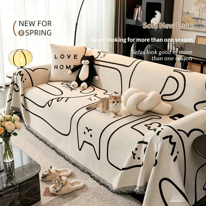 Housse canapé moderne beige dessins chats texture chenille oreiller love peluche tasse