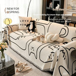 Housse canapé moderne beige dessins chats texture chenille oreiller love peluche tasse