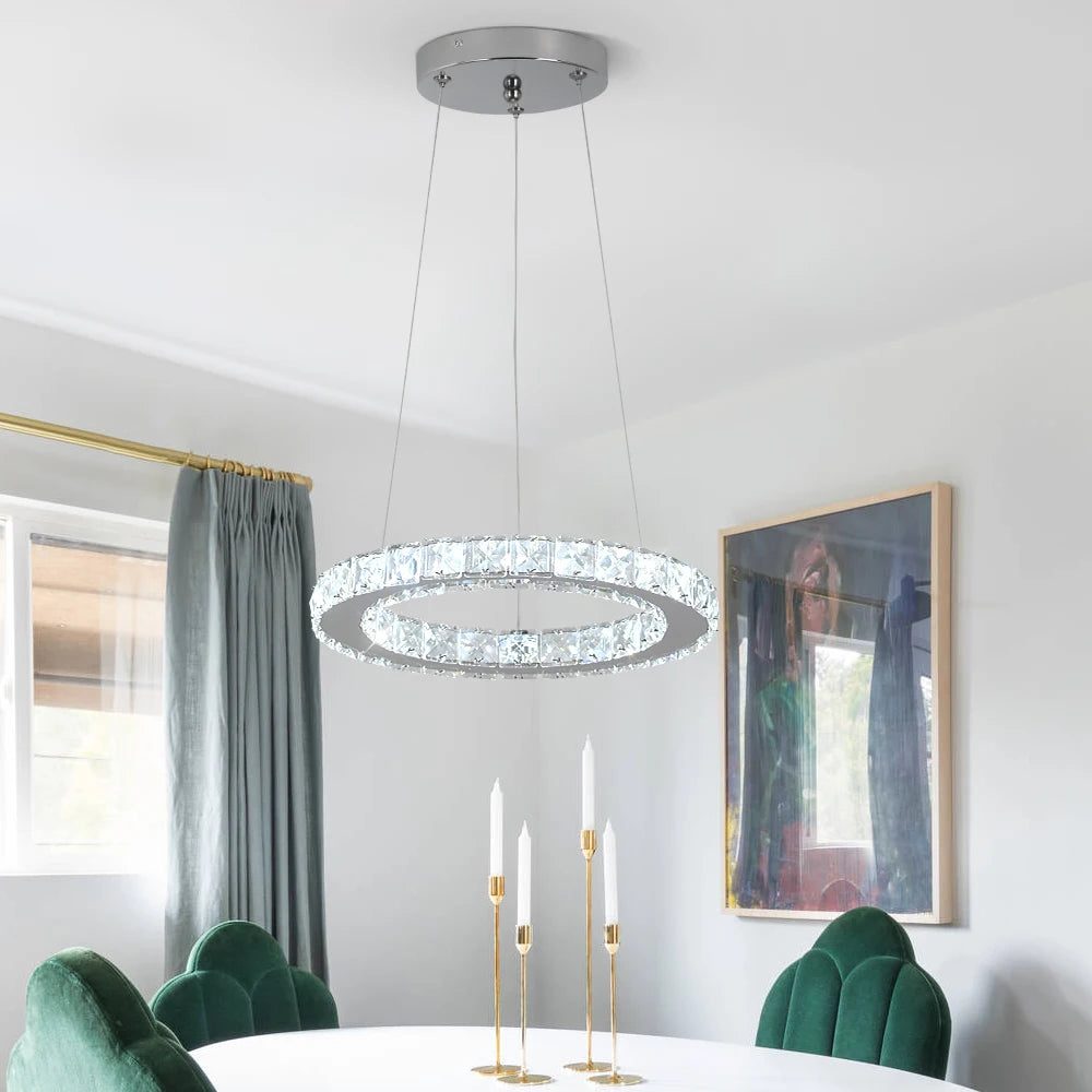 Suspension lumineuse moderne acier inoxydable blanc doré strass brillant 20+ LED dimmable télécommande