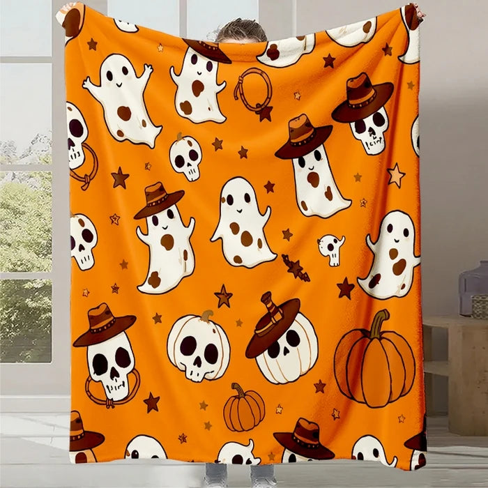 Motif d'Halloween avec fantômes, citrouilles et crânes sur un fond orange vif.