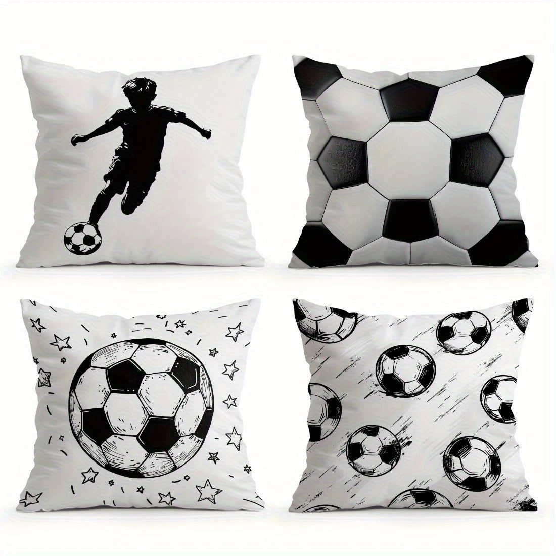 housse coussin motif football noir blanc décor moderne chambre salon lit polyester peachskin 40x40cm