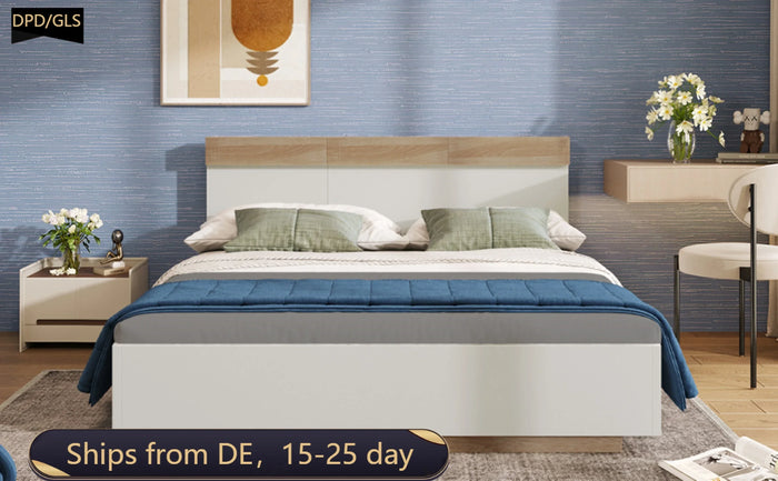 Lit double flottant en bois blanc avec tête de lit chêne dans une chambre moderne