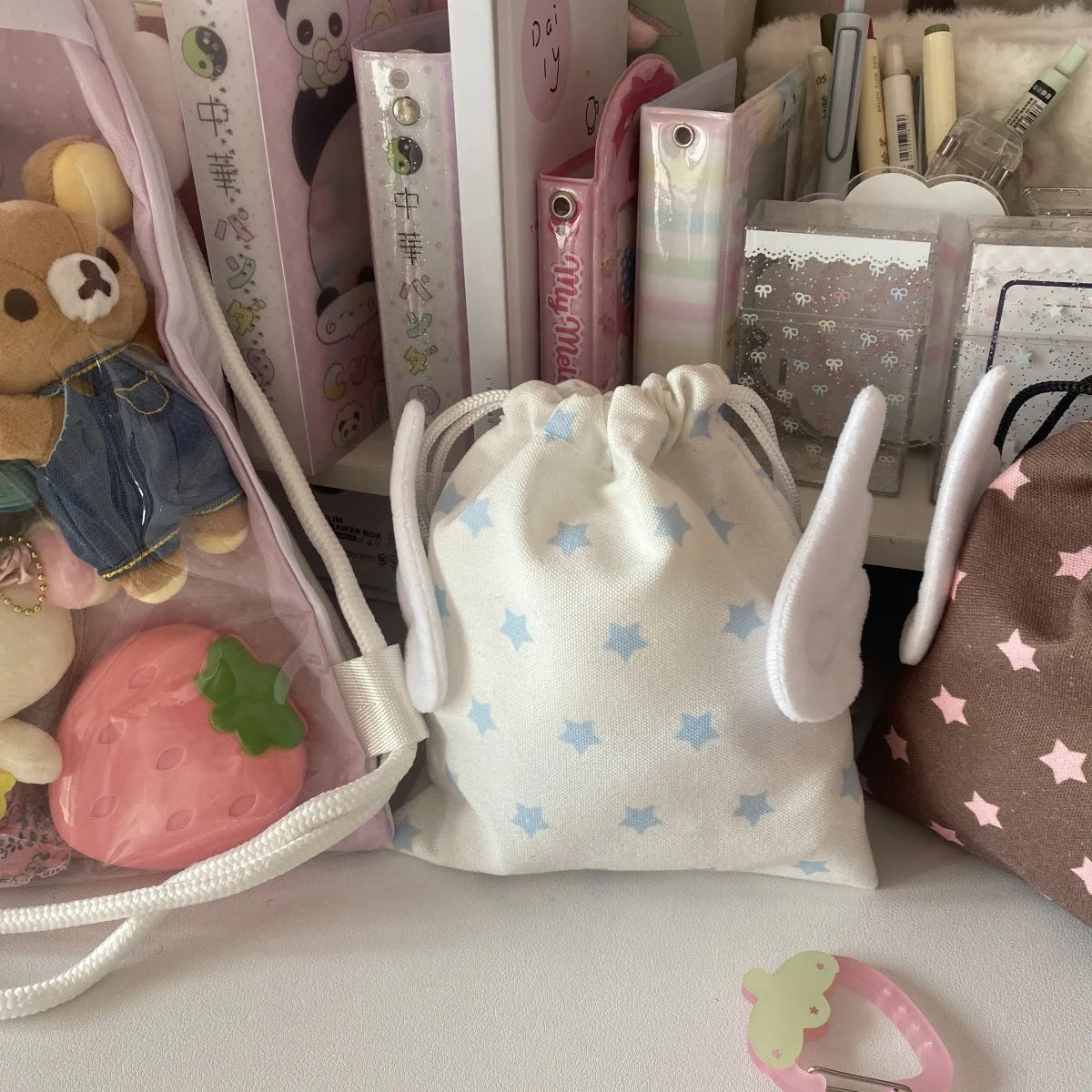 sac cordons étoiles créatif enfantin beige marron rose pâle anti poussière polyestère portable