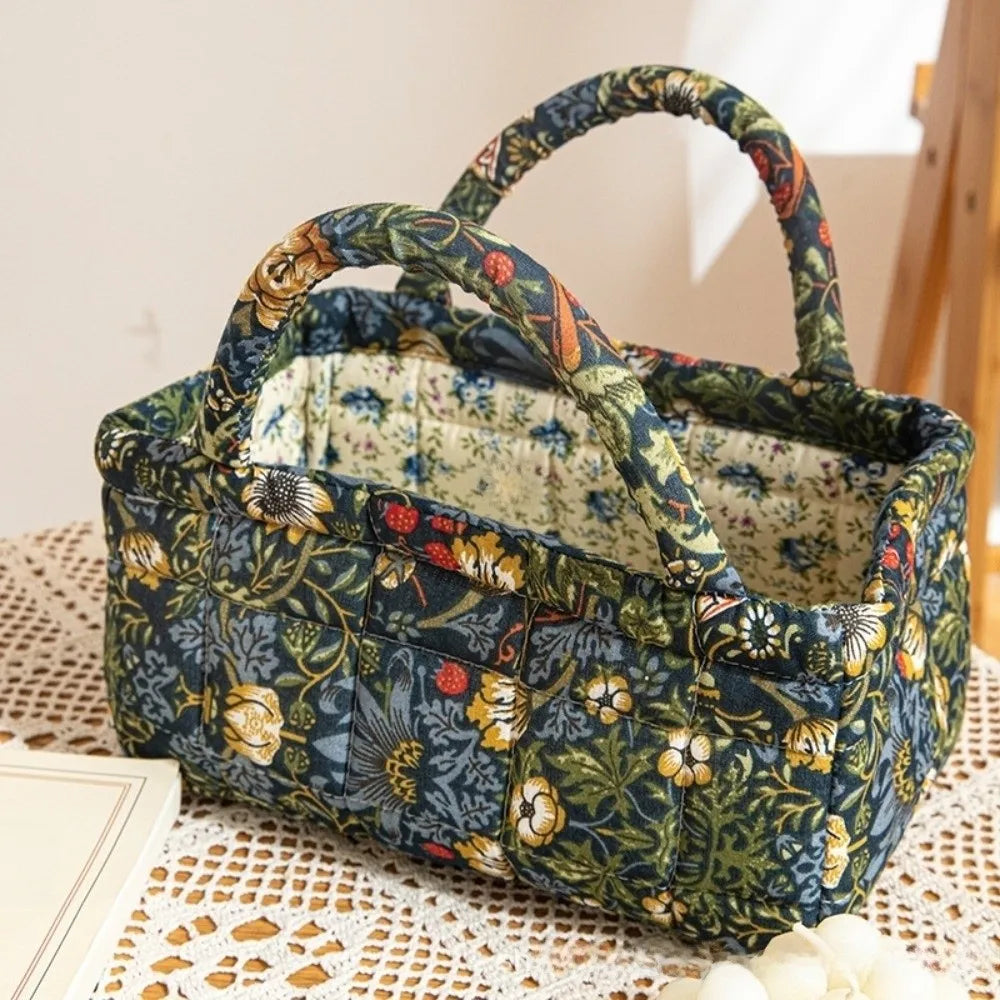 sac main fleur bleu vert beige réutilisable poignées vintage opacité multifonction portable