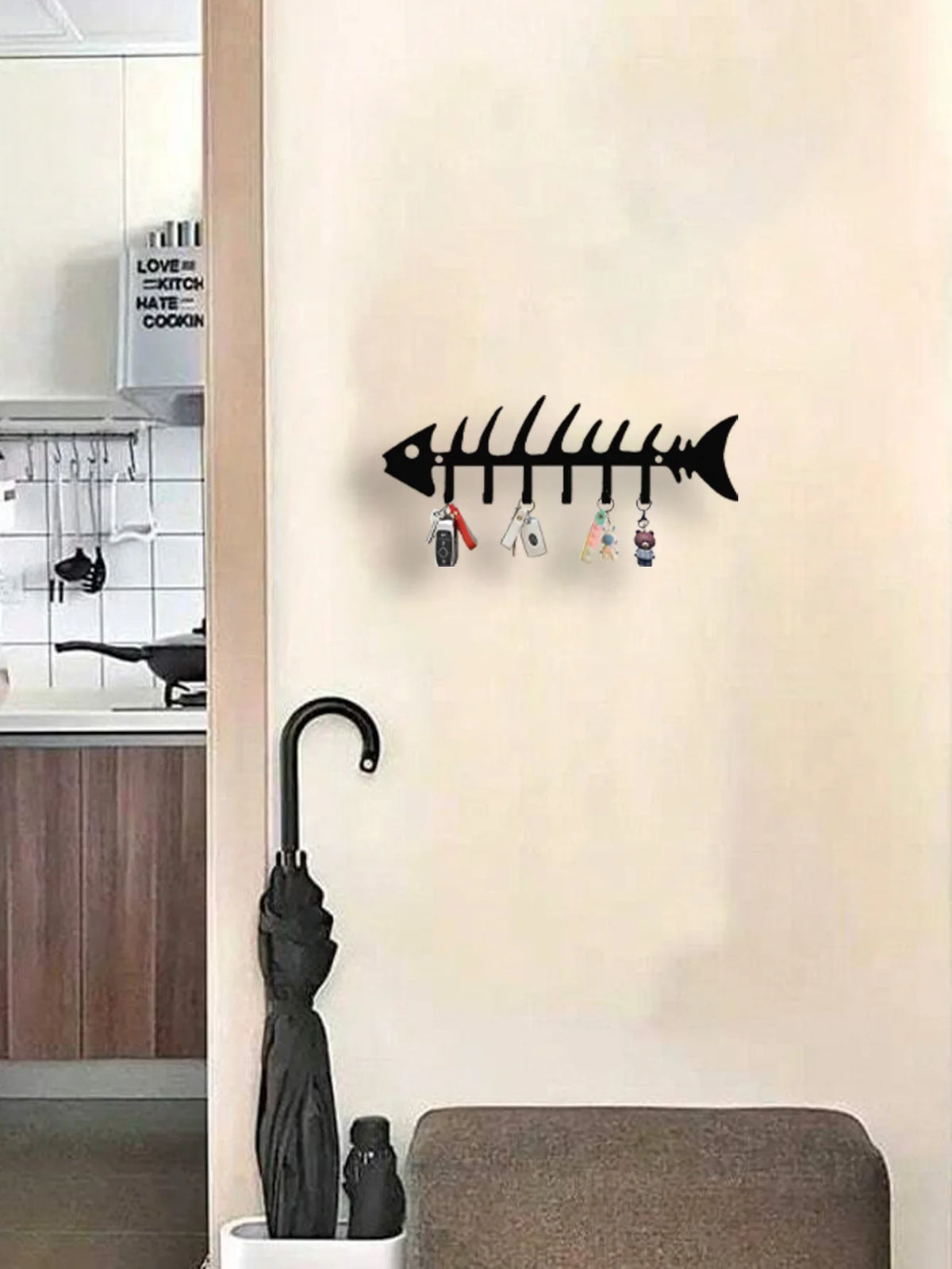 porte clés mural noir forme squelette poisson moderne décoration intérieure fixations invisibles