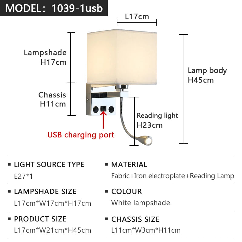 lampe murale moderne led usb interrupteur tissu blanc beige noir