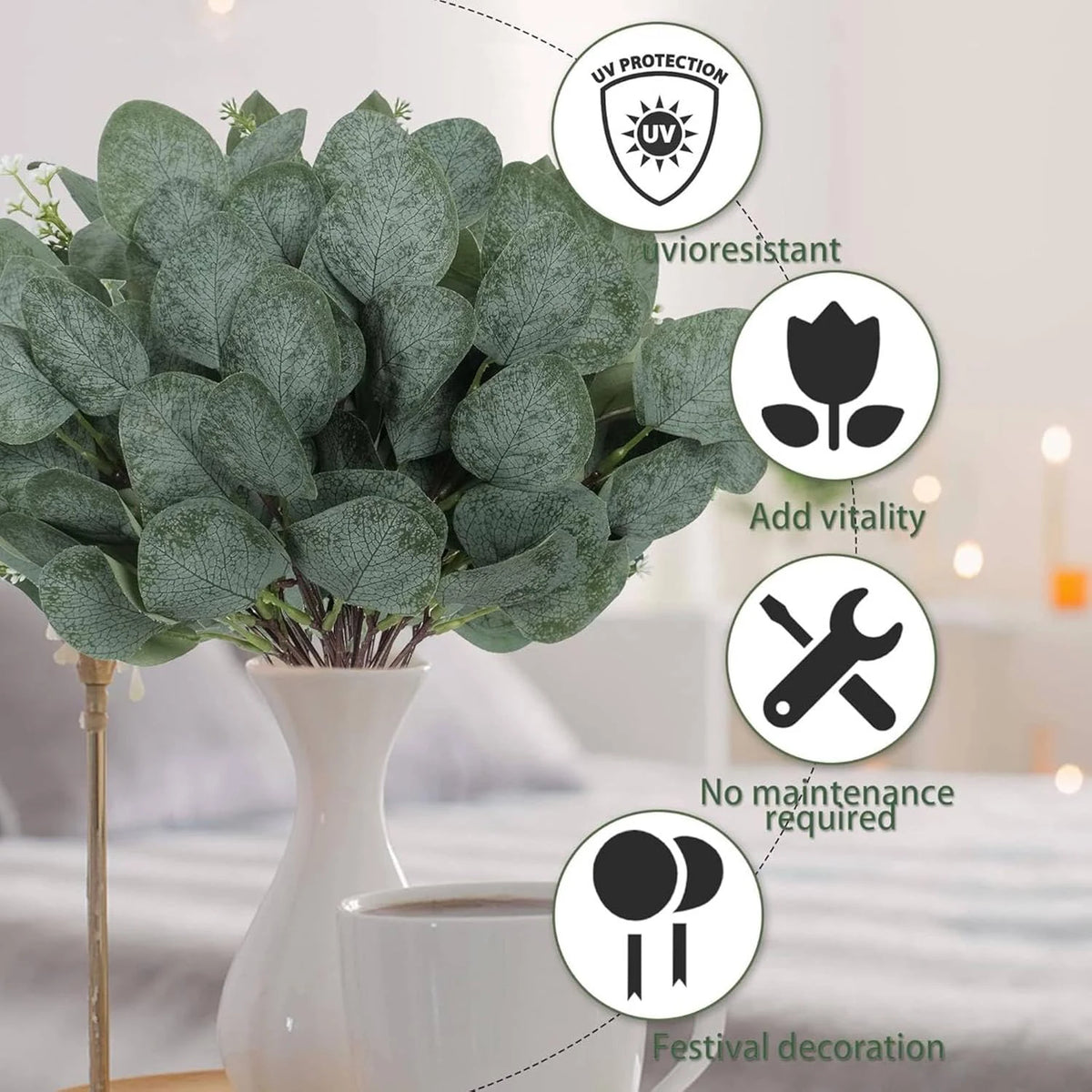 bouquet artificiel feuilles eucalyptus vert blanc moderne minimaliste extérieur mariage décoration table exposition festive