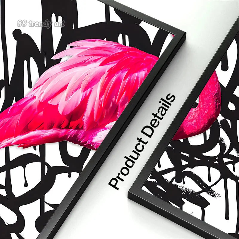 tableau abstrait flamant rose calligraphies noires deco moderne oiseau animal compagnie toile sans cadre