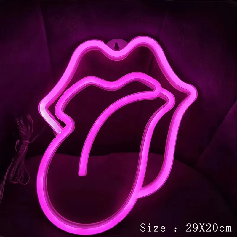 néon cœur forme lèvres motif langue rose rouge moderne lumineux décoration chambre salon fête