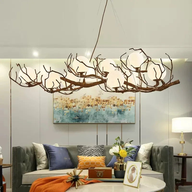suspension lumineuse moderne branches naturelles sphères translucides beige salon salle manger chambre