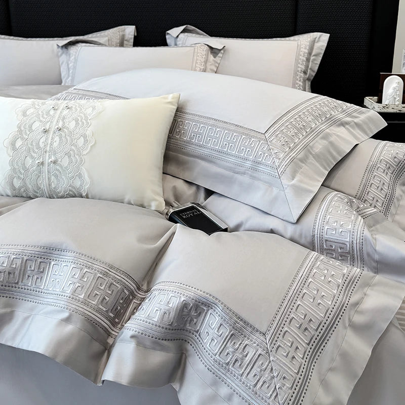ensemble literie blanc brodé élégant 100 coton king queen size