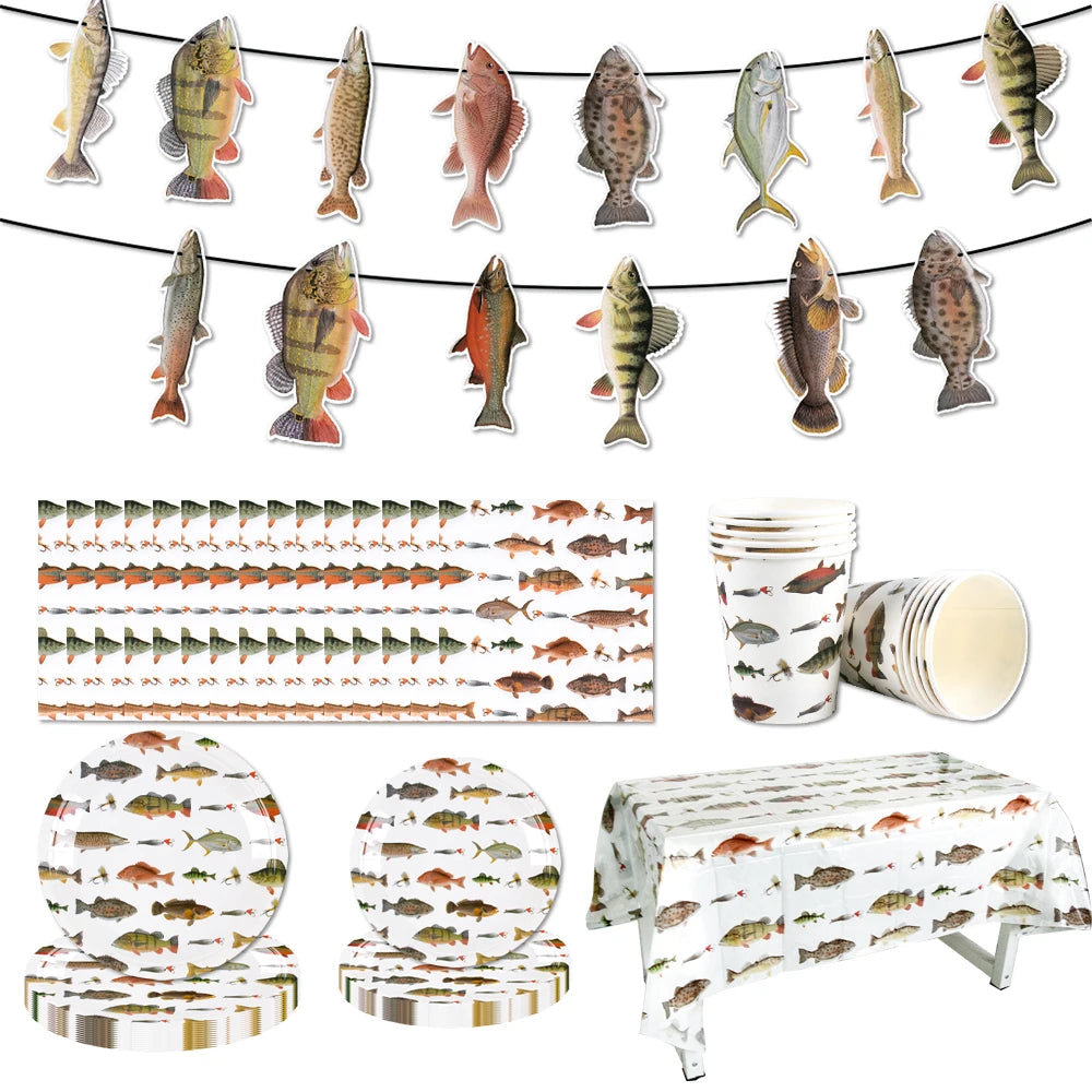 assiettes papier poissons multicolores gobelets nappe guirlande thème marin décoration anniversaire enfants fête