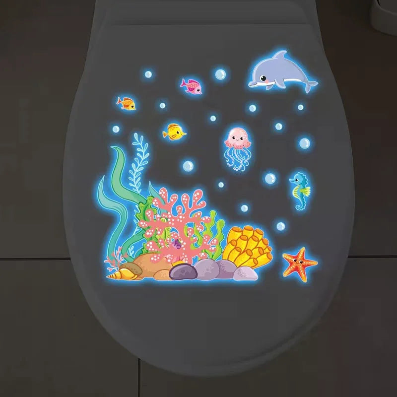 sticker mural sous marin multicolore poissons coraux dauphin cartoon opaques salle bain