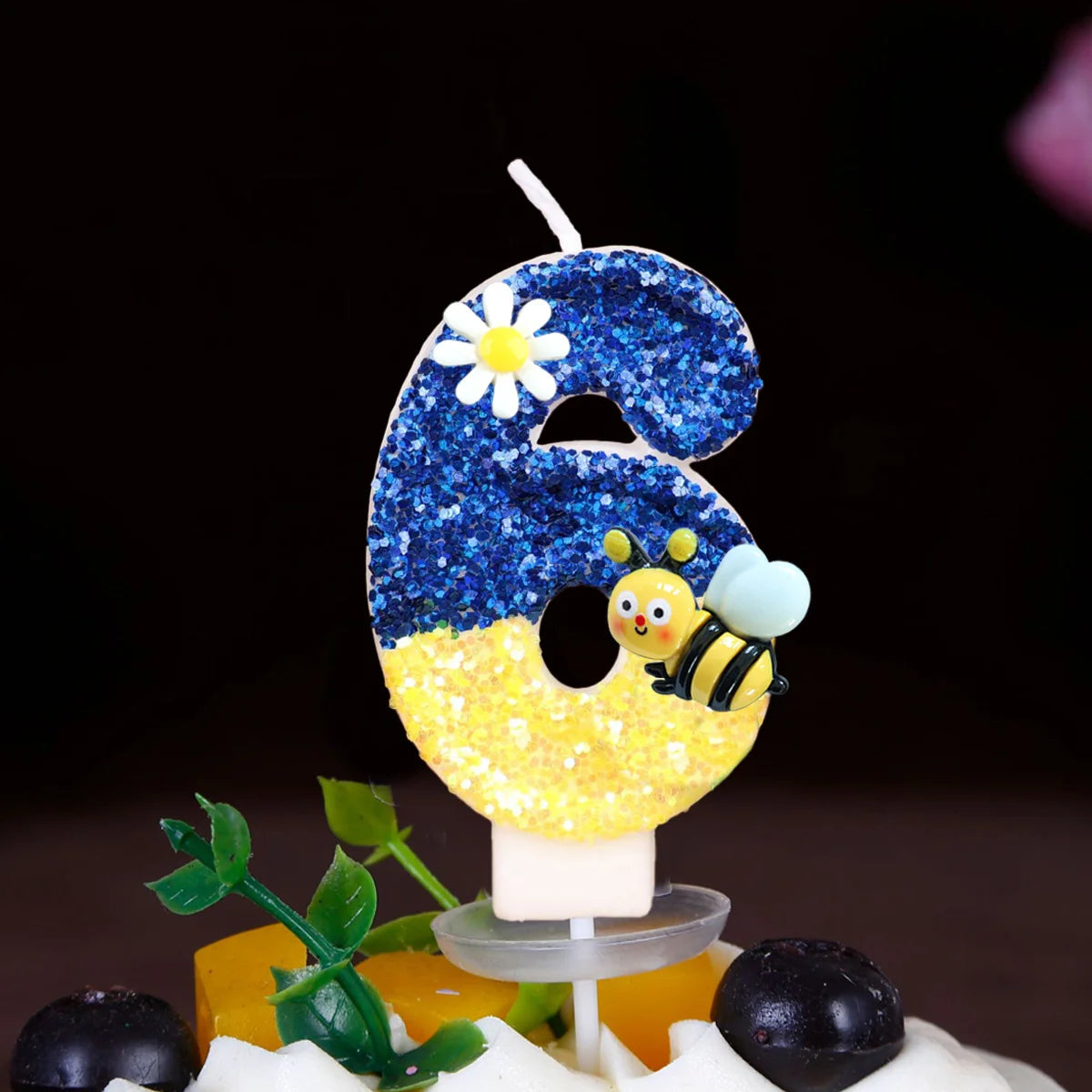 bougies anniversaire chiffres paillettes bleu jaune motifs fleurs décoratives enfants fixations boîte rangement