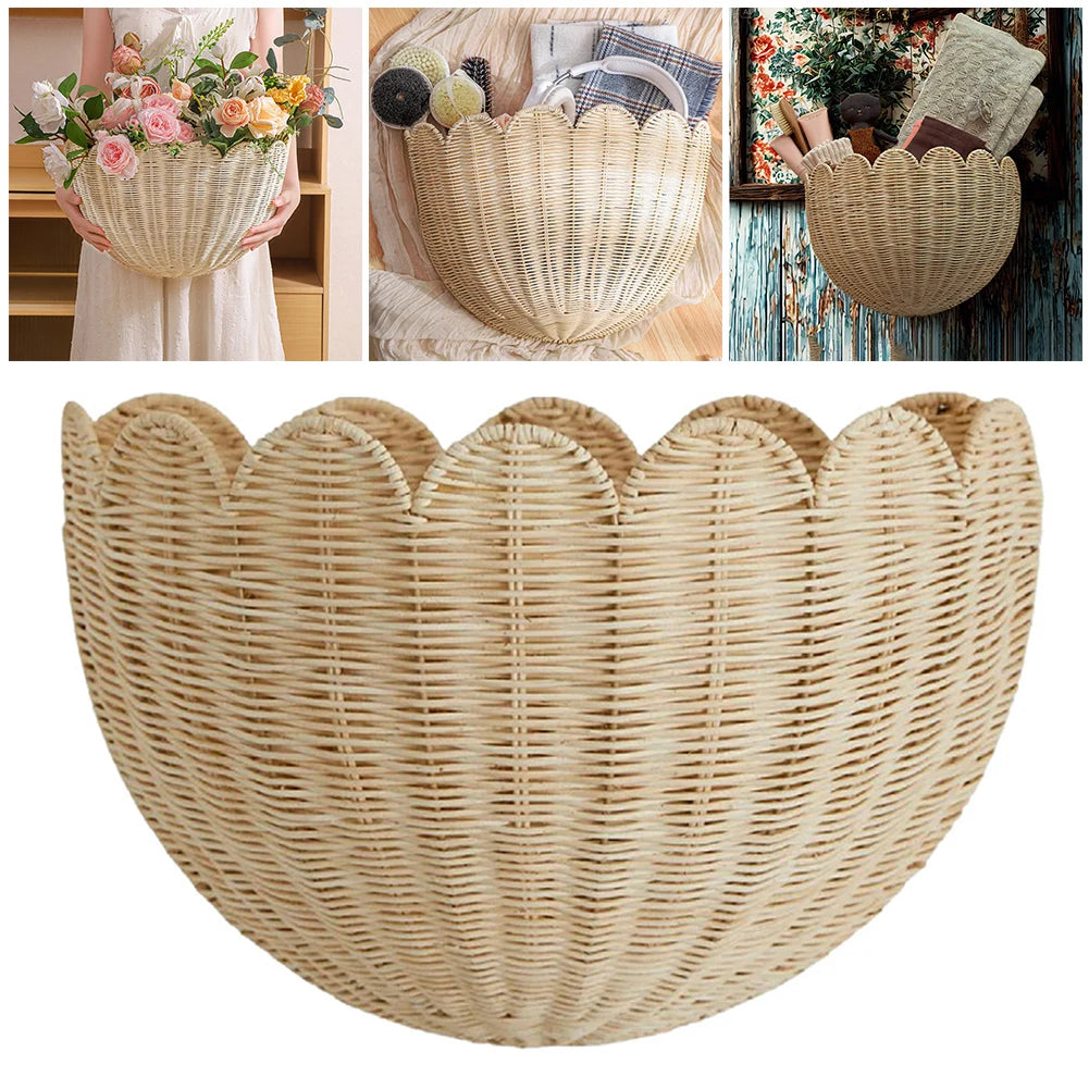 panier rangement tressé bambou beige clair fixé mur traditionnel farmhouse boho