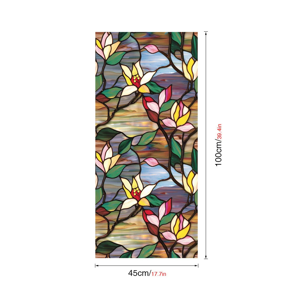 film fenêtre décoratif adhésif fleurs stylisées art deco multicolore blanc rose vert jaune bleu