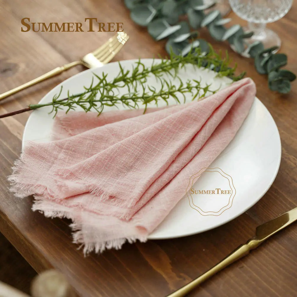 serviette coton beige rose blanc tissage fin bordures frangées rustique naturel