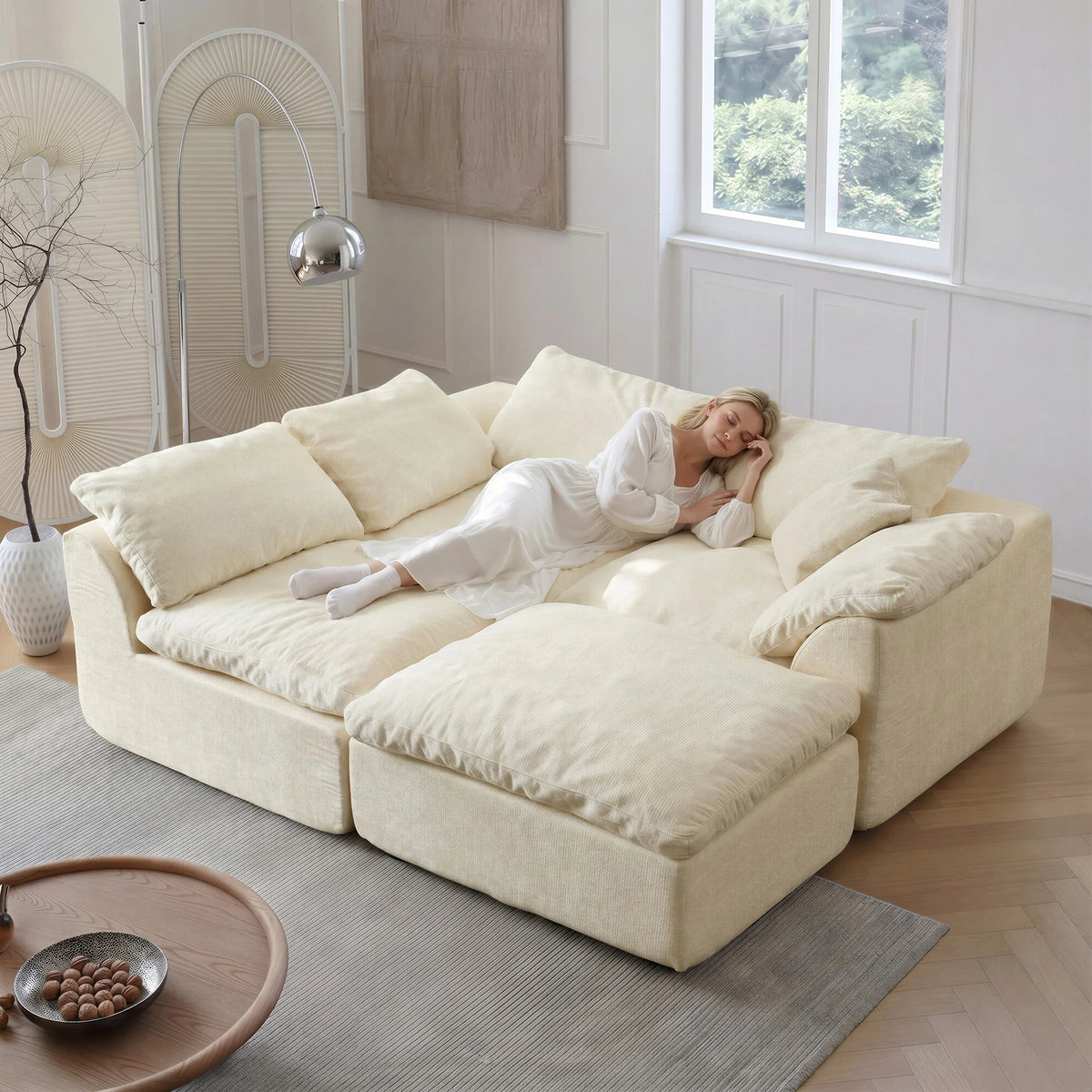 canapé modulaire moderne beige clair velours coussins amovibles salon meubles sectionnels