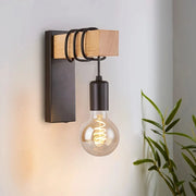 Lampe de chevet industrielle murale en bois et fer avec douille E27 - Style loft rétro pour salon et chambre