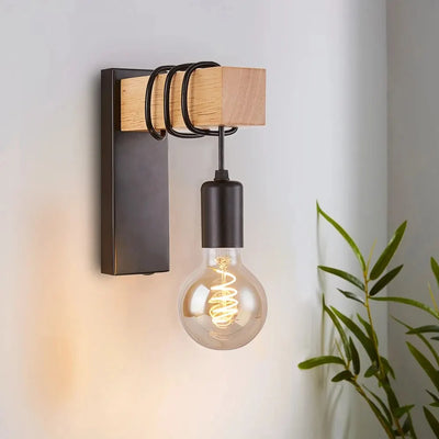 Lampe de chevet murale industrielle en bois et fer noir style loft